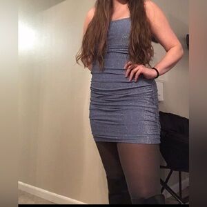 Blue Sparkly Ruched Mini Dress | Metallic Bodycon Party Dress Size Large